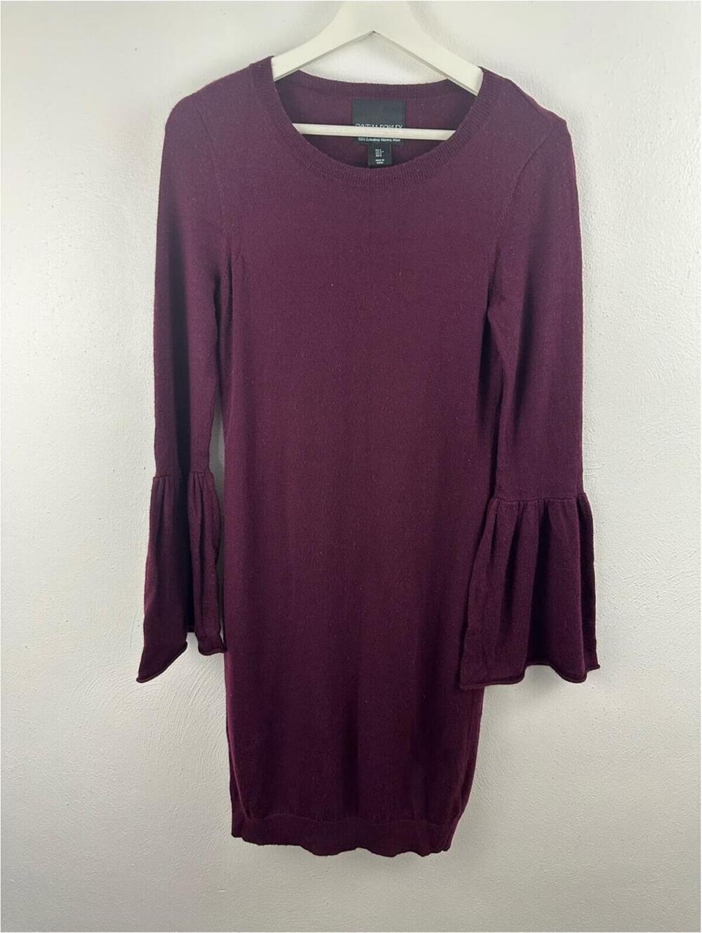 CYNTHIA ROWLEY SWEATER DRESS WINE EXTRA FINE MERINO WOOL BEEL SLEEVE WOMEN'S S
